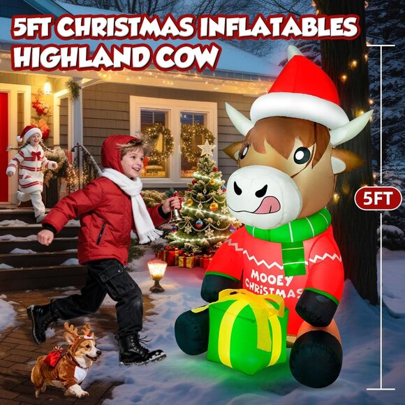 🆕5FT Christmas Inflatables Highland Cow Blow Up Yard Outdoor Decorations - Picture 5 of 9